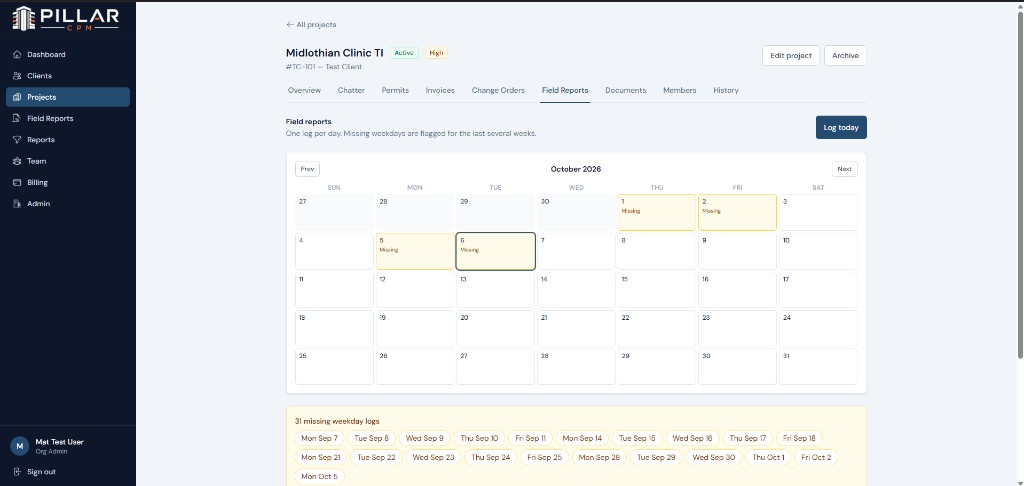 Pillar CPM field reports calendar with missing weekday log indicators