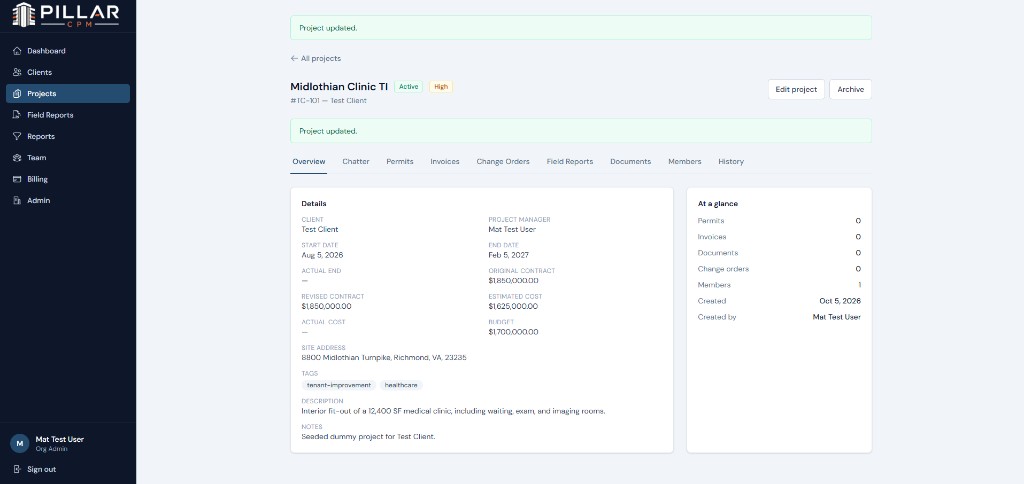 Pillar CPM project overview showing Midlothian Clinic TI details, financials, and module tabs