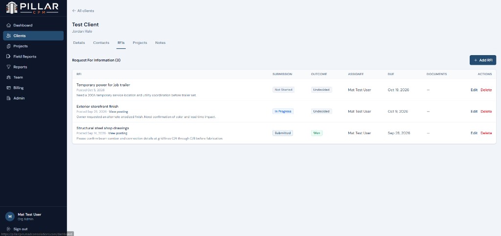 Pillar CPM RFI tracker with submission status, outcomes, assignees, and due dates